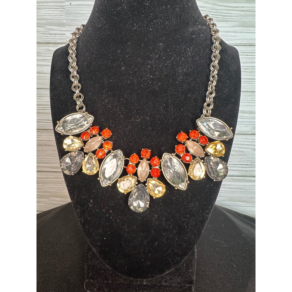 Lee Angel Vintage Statement Multi Crystal Bib Chunky Silver tone Necklace